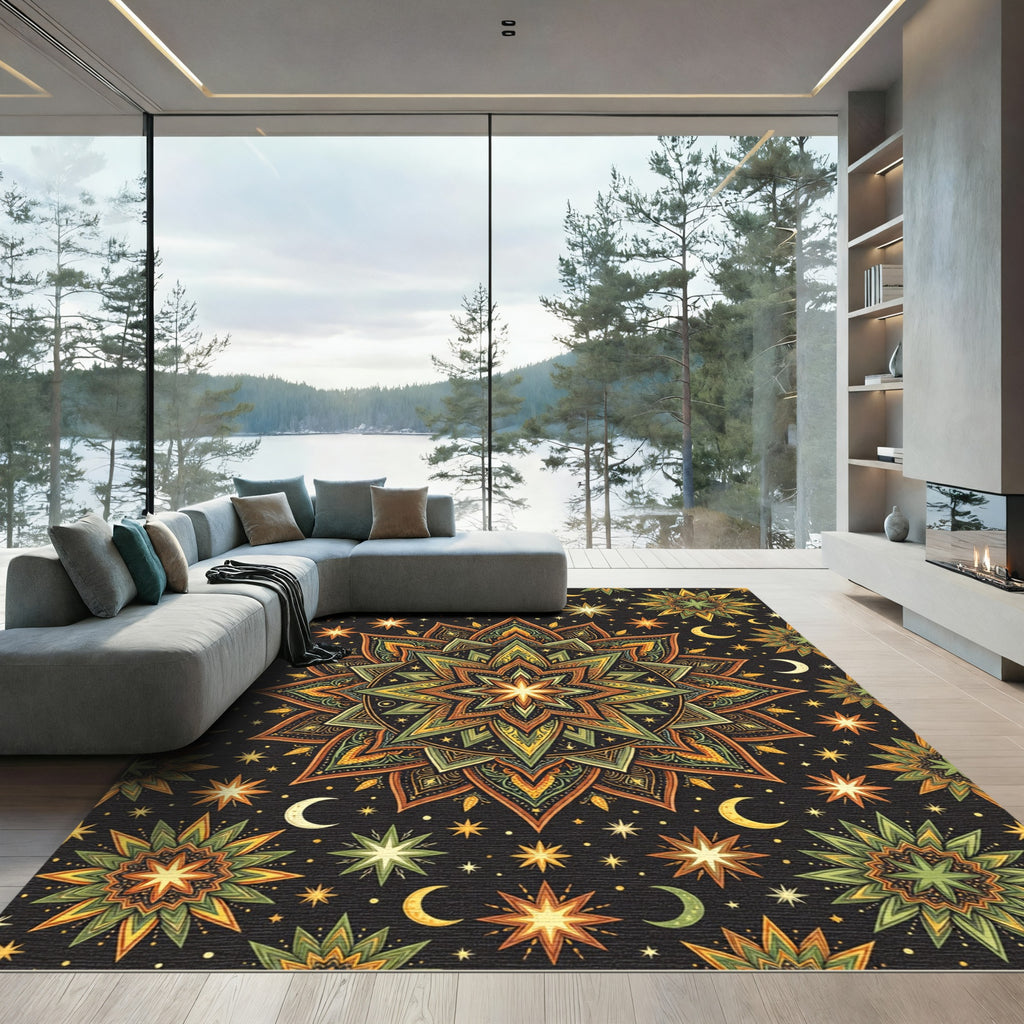 Celestial Starry Mandala with Golden Moons Rug