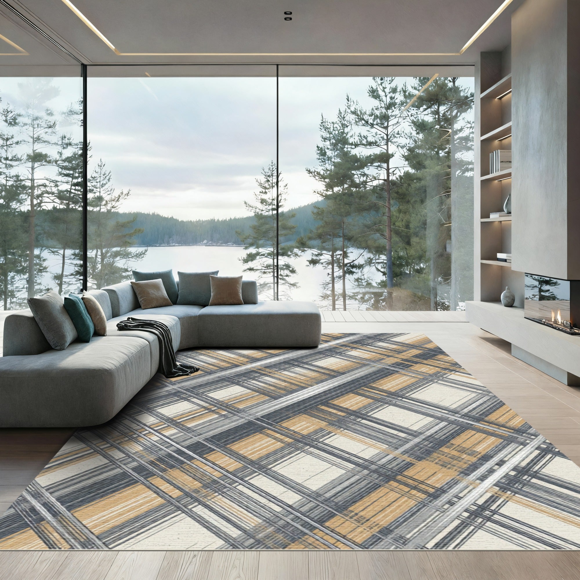 Textured Gray Ochre Plaid Stripes Rug