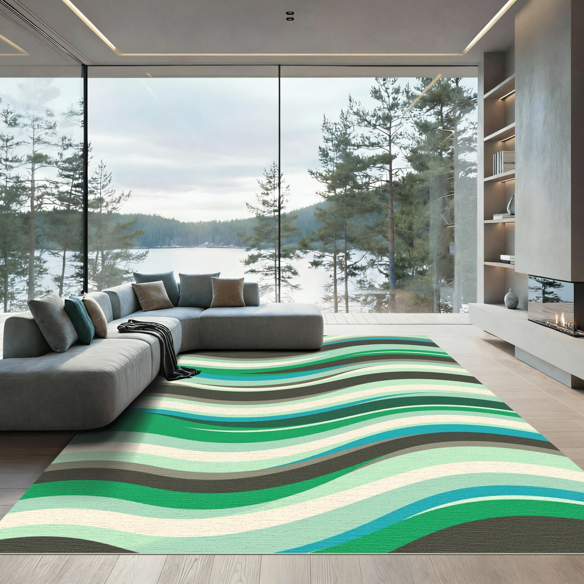 Modern Green Teal Wavy Stripe Art Rug