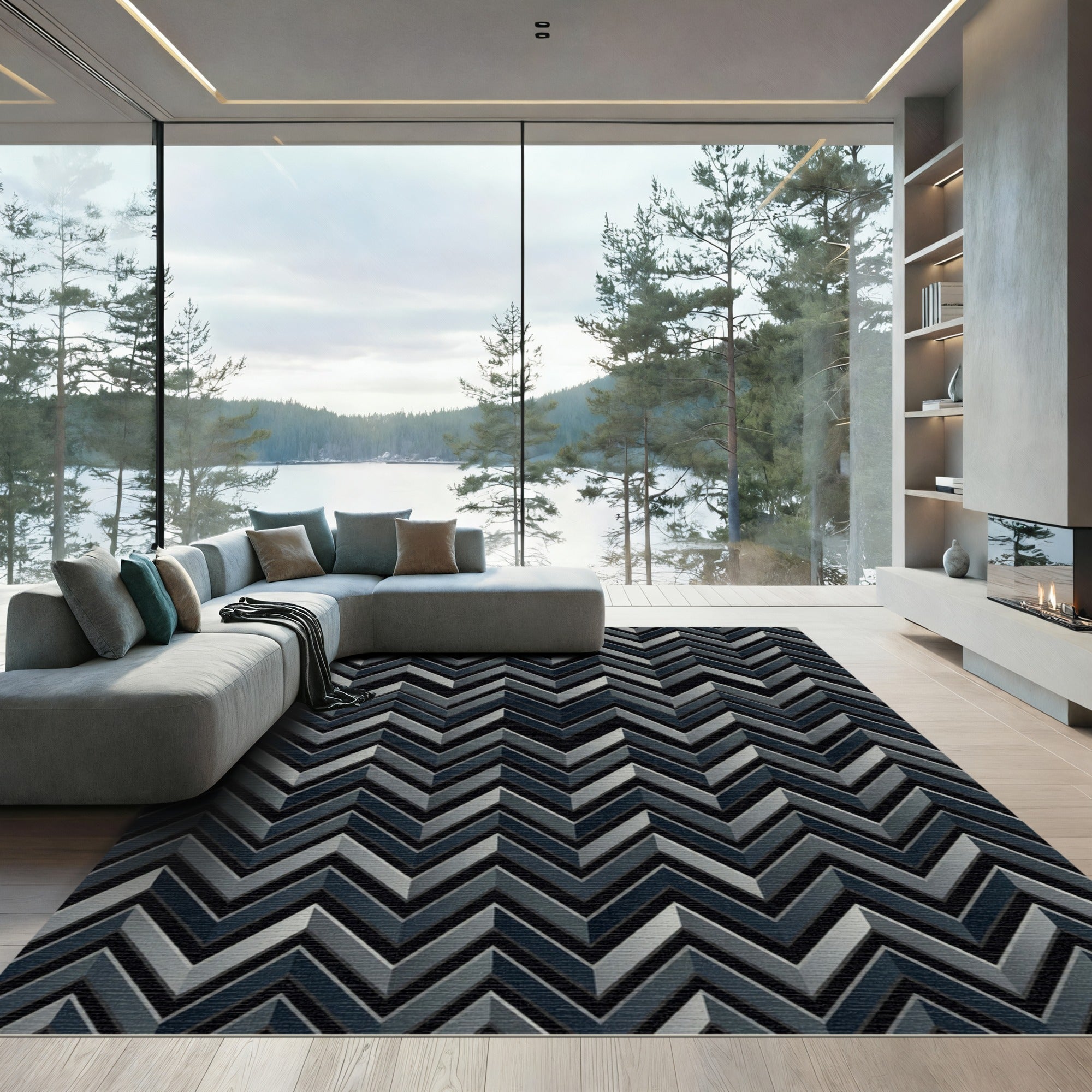 Charcoal Gray Zigzag Chevron Rug