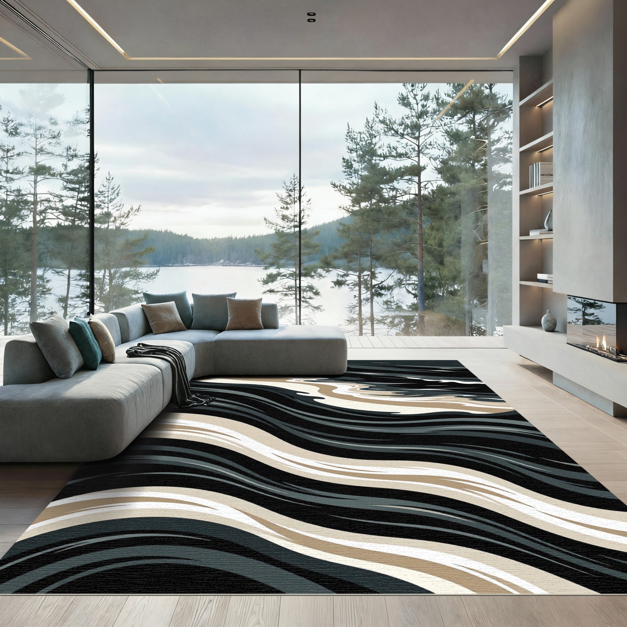 Sophisticated Black Beige Wave Rug