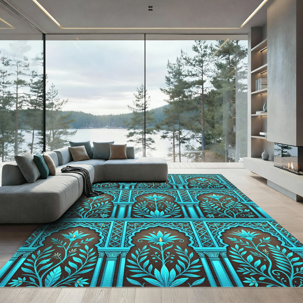 Teal Floral Arched Lattice Wallpaper Rug