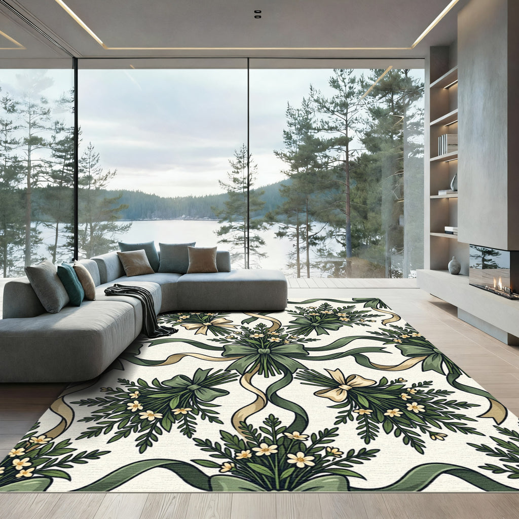 Sage Green Floral Ribbon Garland Rug