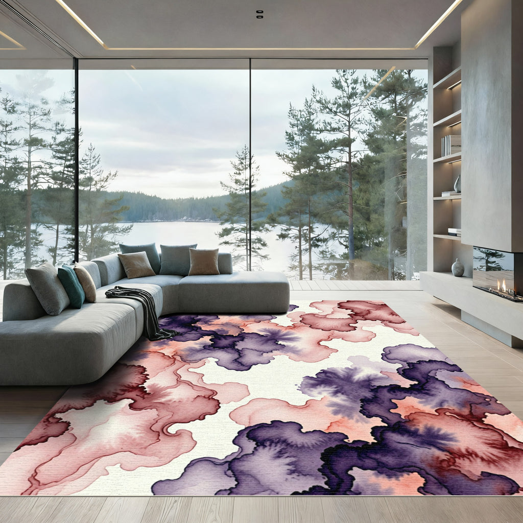 Ethereal Plum and Blush Abstract Watercolor Rug