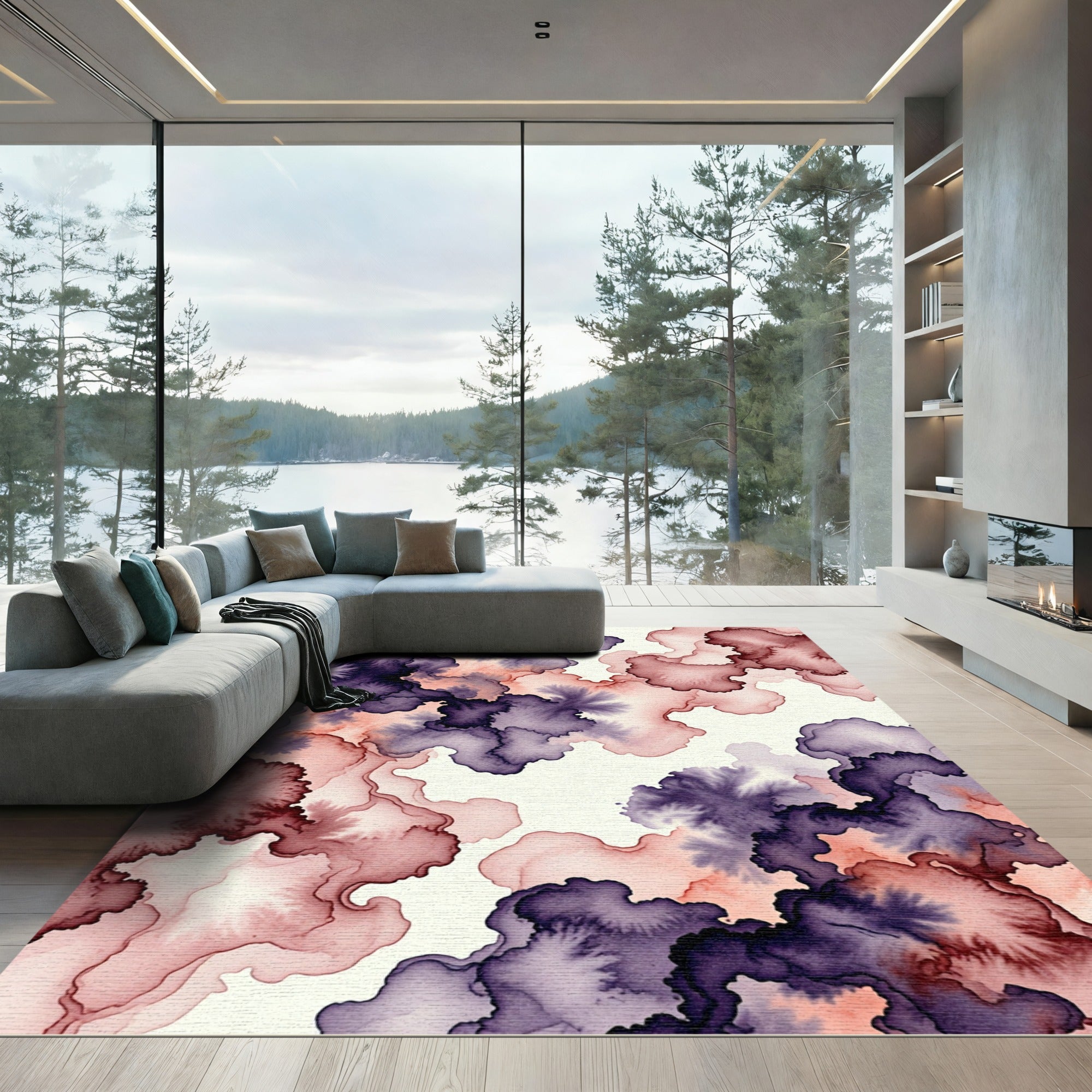 Ethereal Plum and Blush Abstract Watercolor Rug