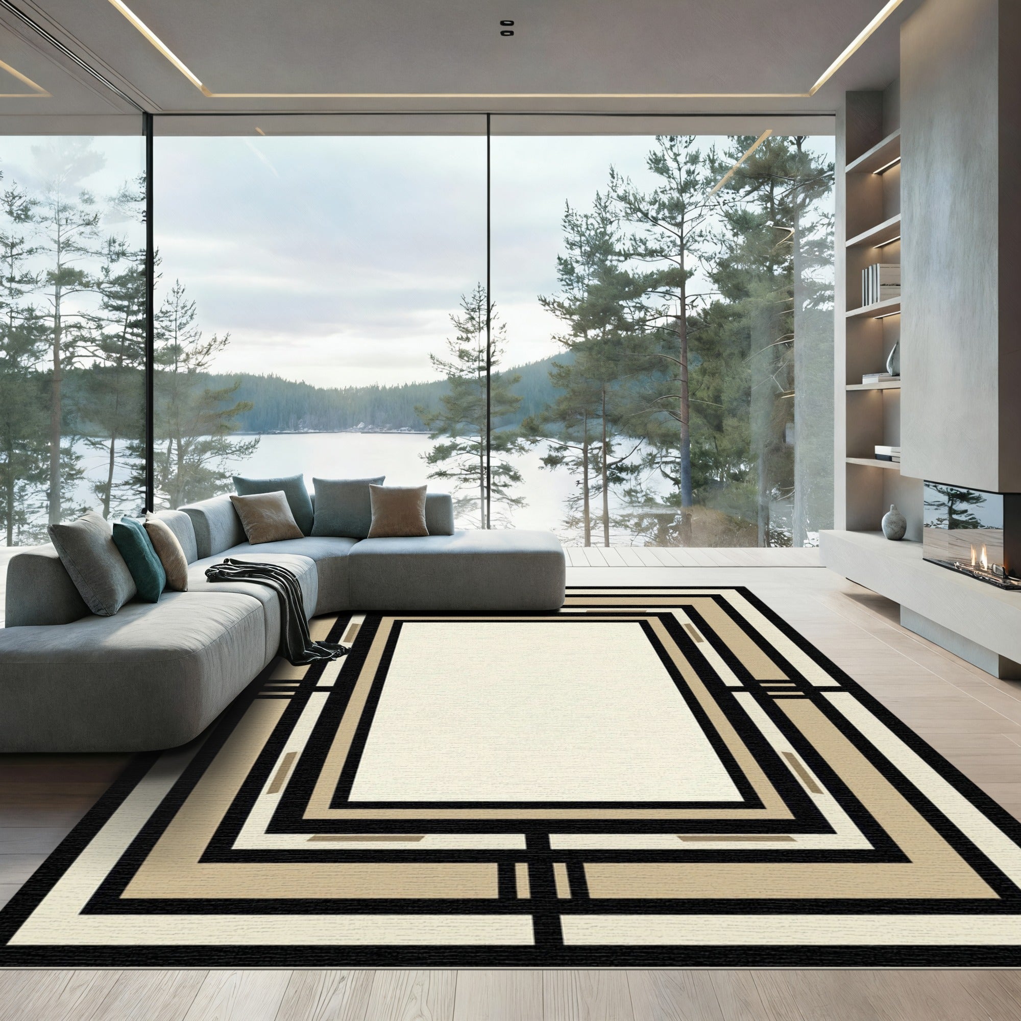 Art Deco Black Cream Geometric Frame Rug
