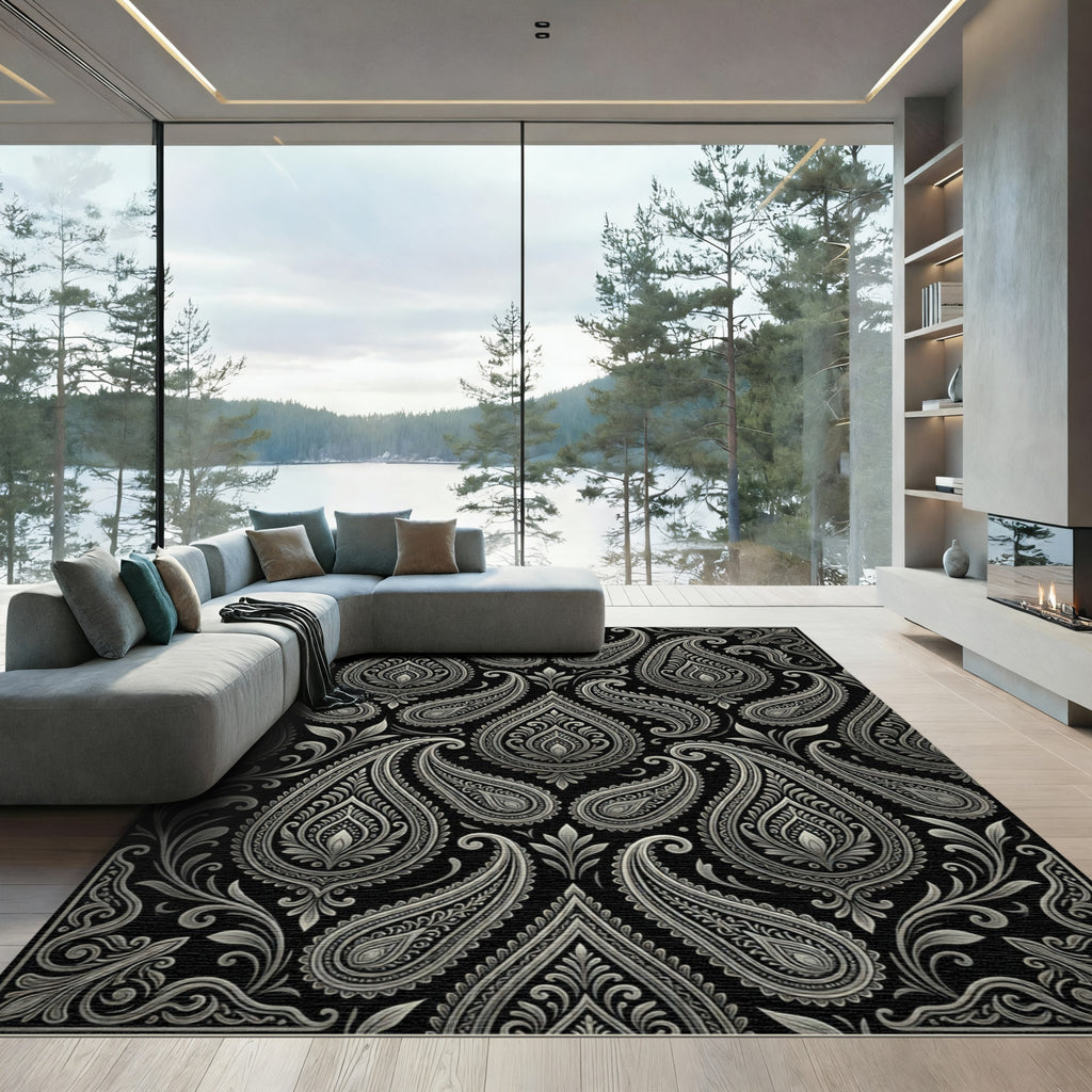 Elaborate Silver Paisley Black Background Rug