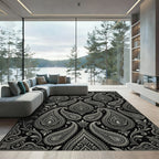Elaborate Silver Paisley Black Background Rug