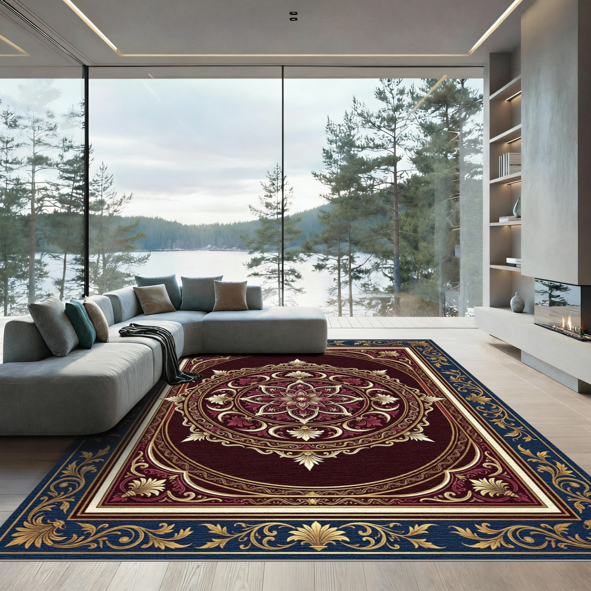 Deep Crimson Golden Floral Medallion Rug