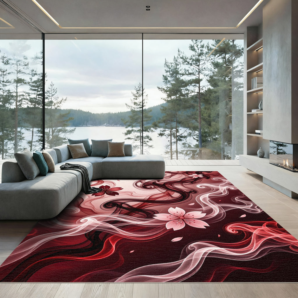 Crimson Cherry Blossoms Swirls Rug