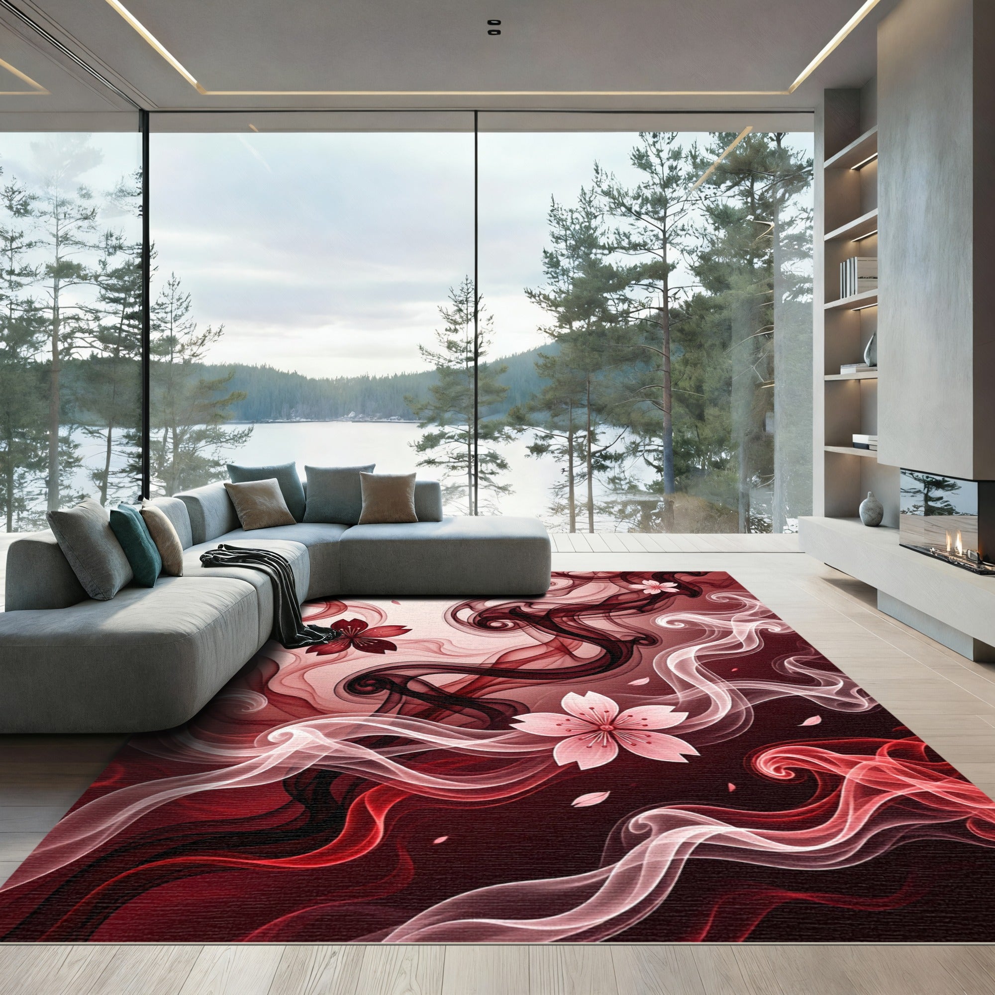 Crimson Cherry Blossoms Swirls Rug