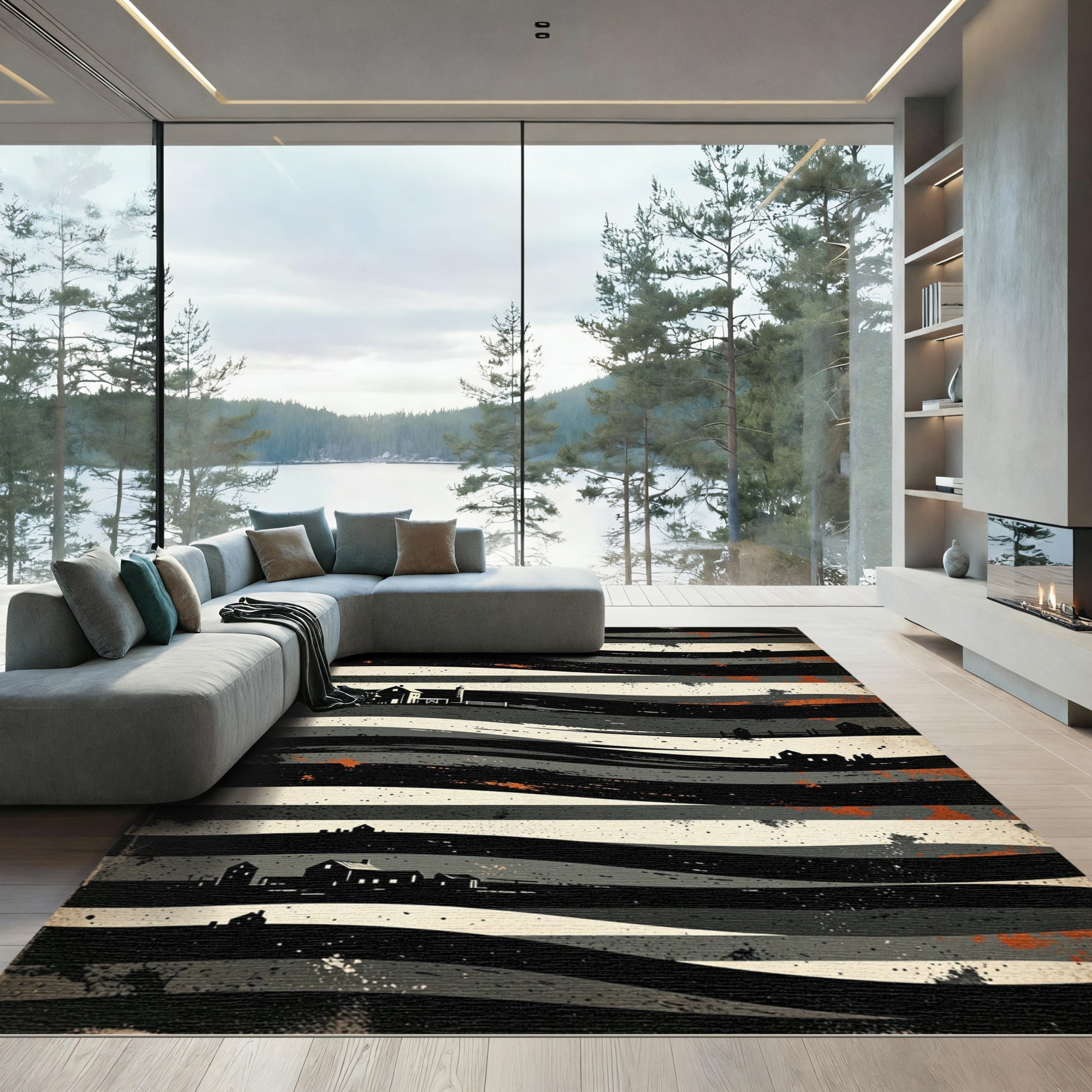 Farmhouse Landscape Black Cream Stripes Rug
