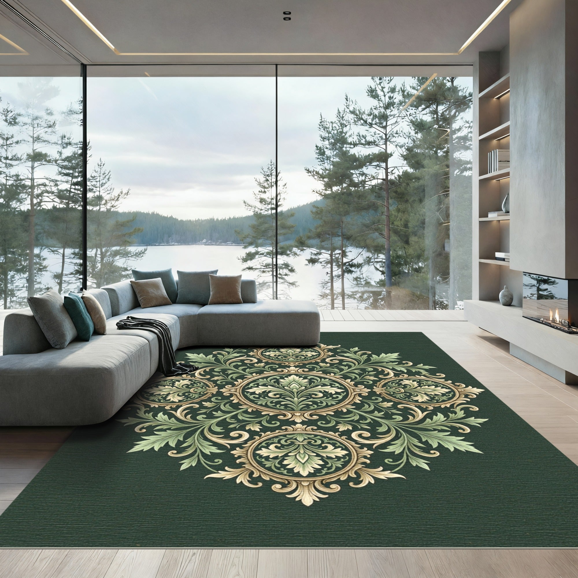 Antique Green Floral Medallion Garland Rug