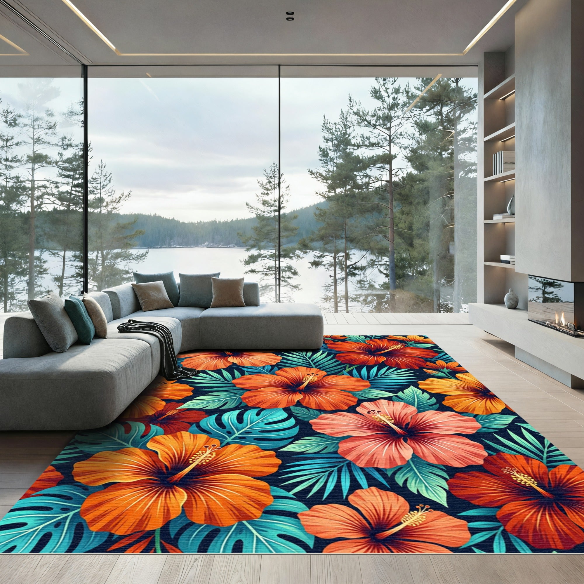 Vibrant Tropical Hibiscus Floral Jungle Rug