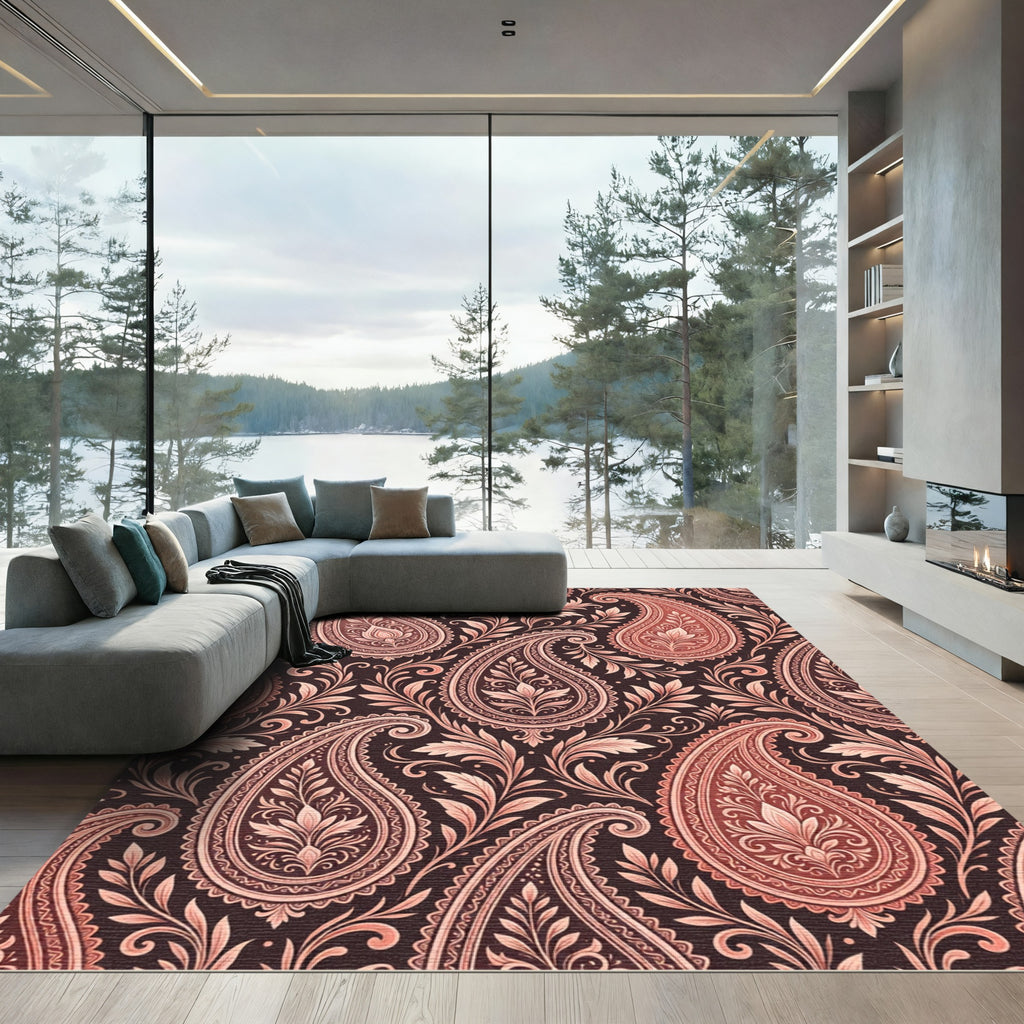 Coral Paisley Floral Scroll Tapestry Rug