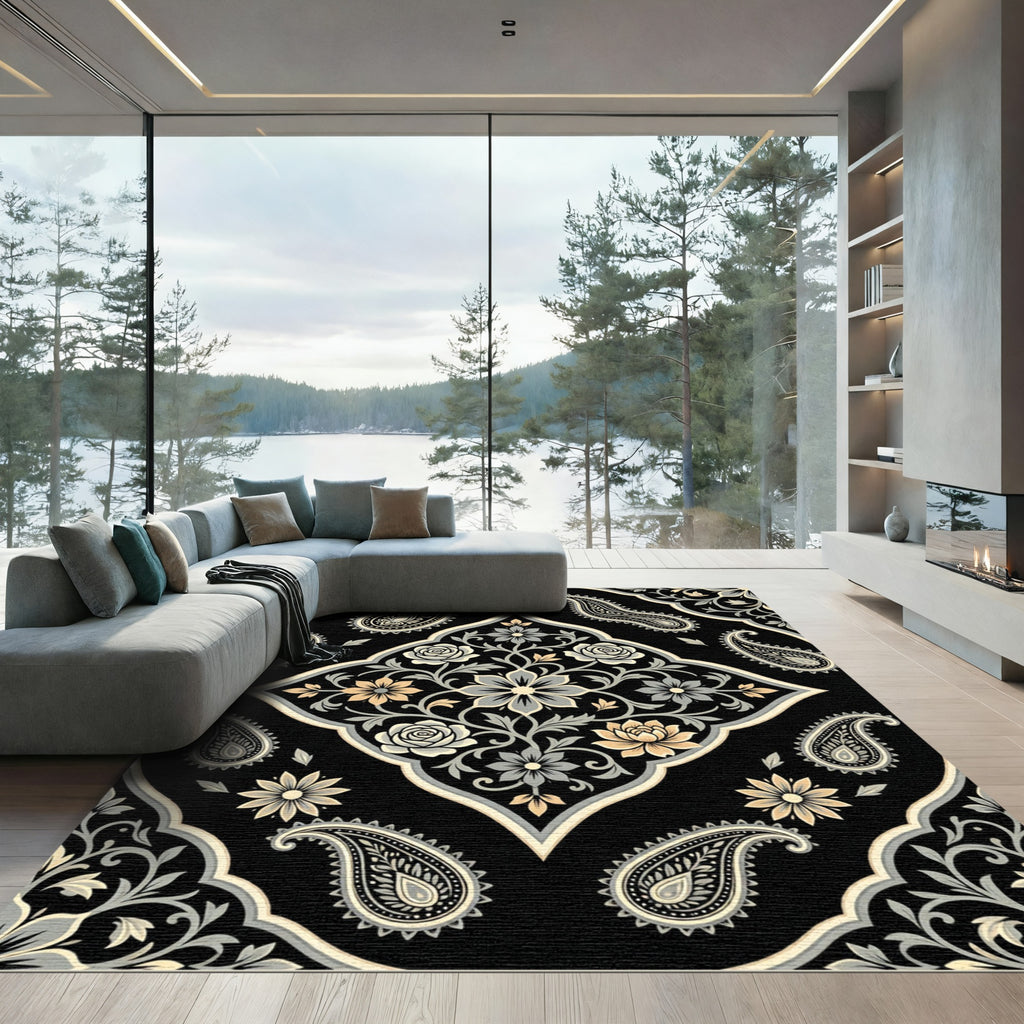 Elegant Black Gold Floral Paisley Medallion Rug