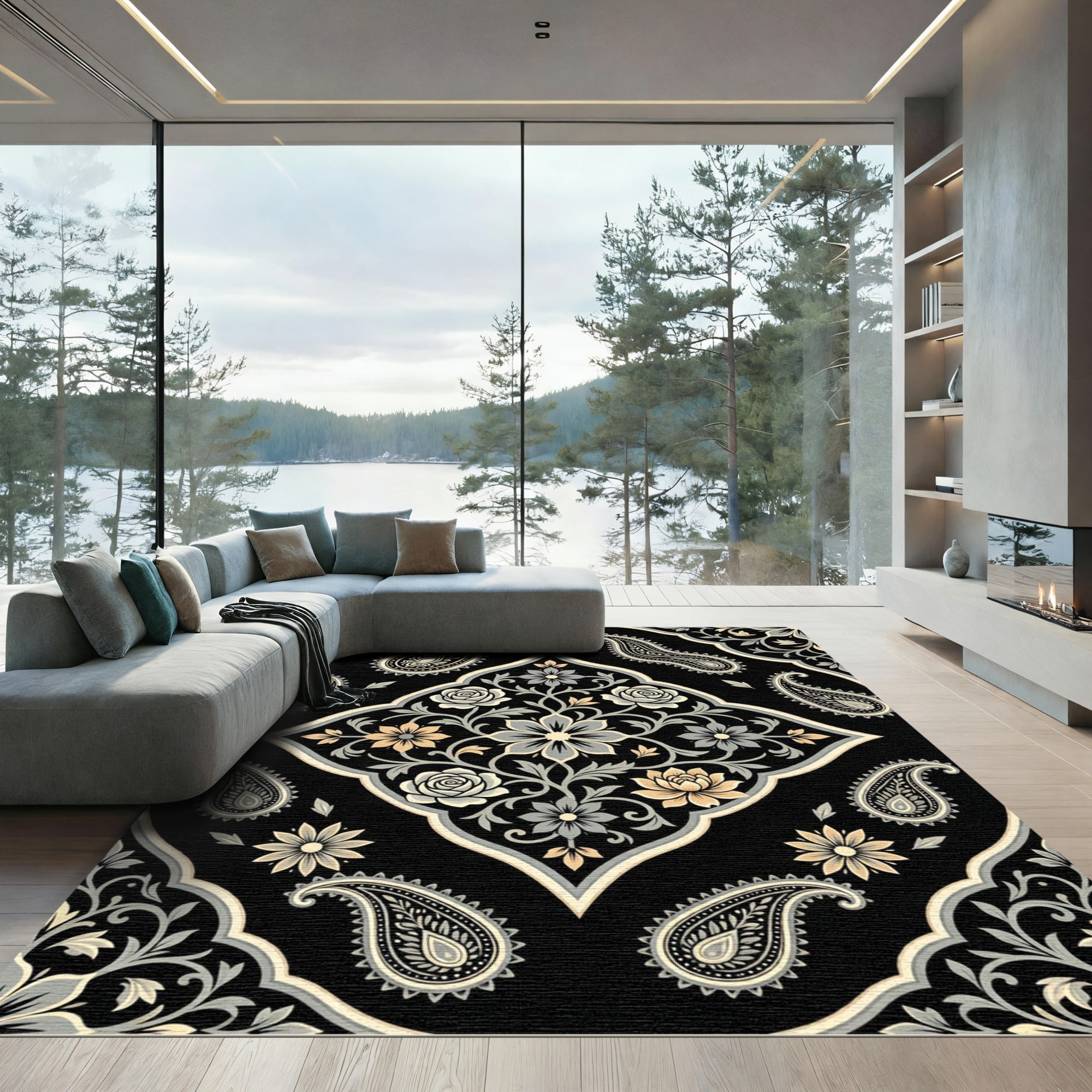 Elegant Black Gold Floral Paisley Medallion Rug