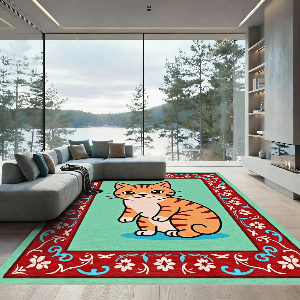 Sweet Ginger Cat Floral Border Rug