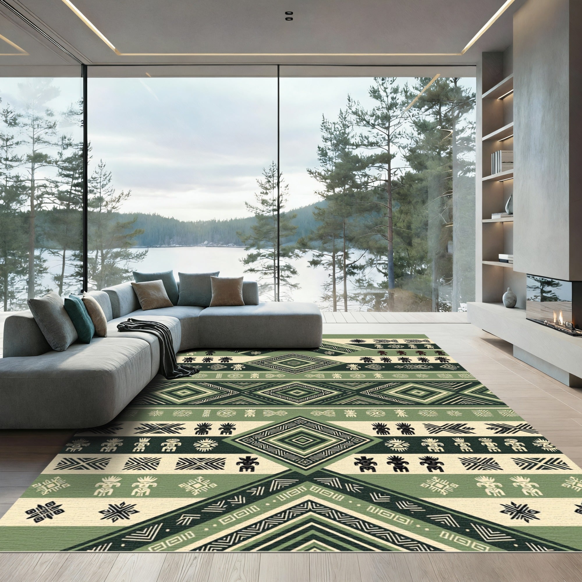 Olive Green Geometric Tribal Diamond Rug