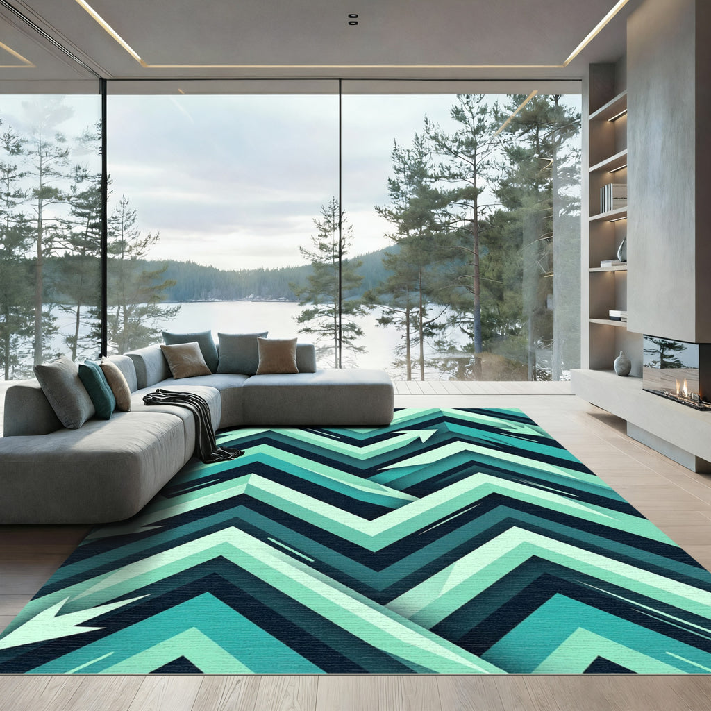 Modern Teal Abstract Zigzag Arrow Rug