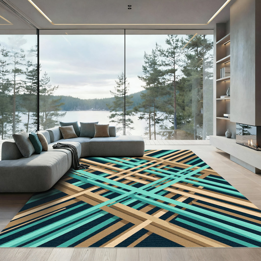 Abstract Teal and Beige Intersecting Lines Rug