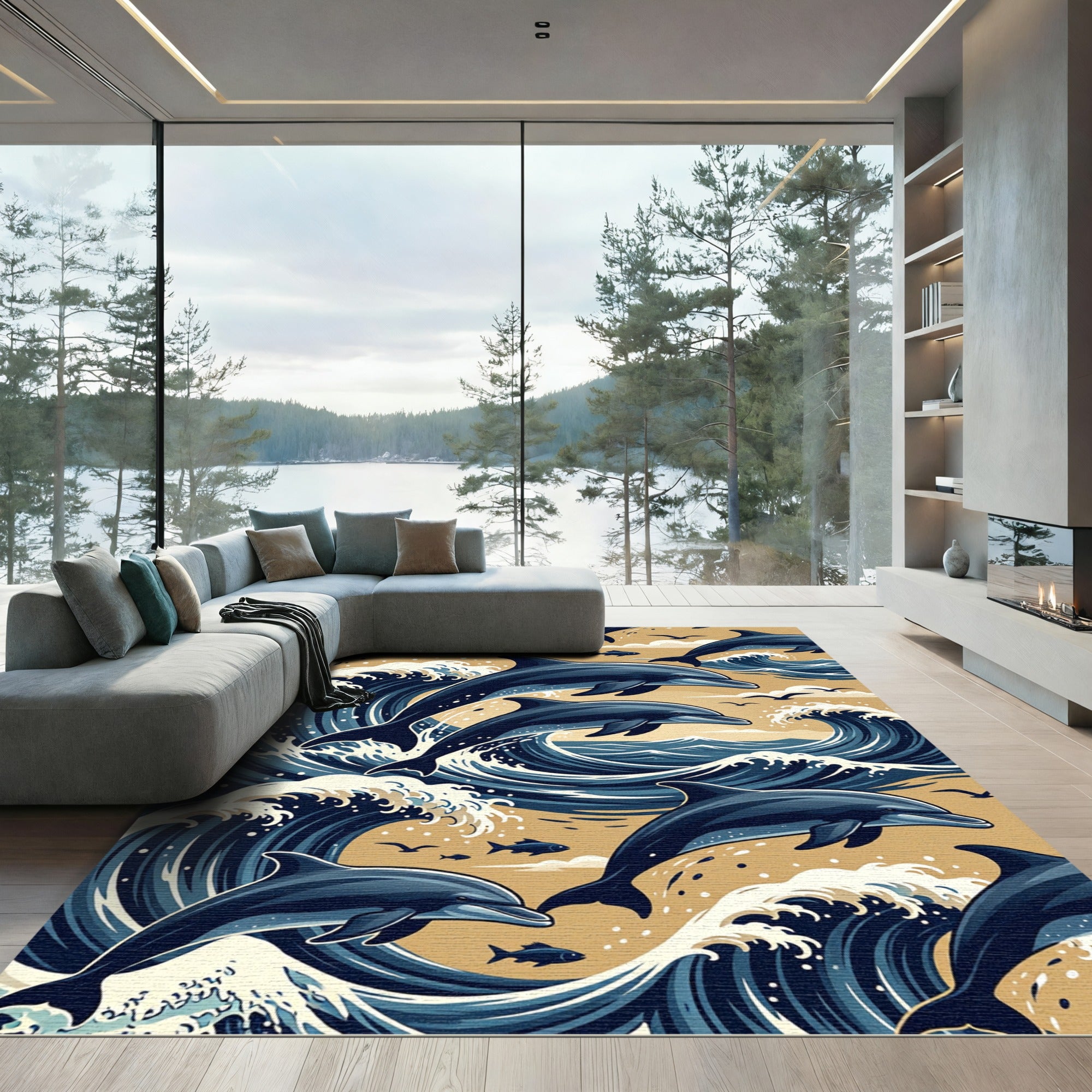 Dynamic Blue Dolphin Ocean Swells Rug