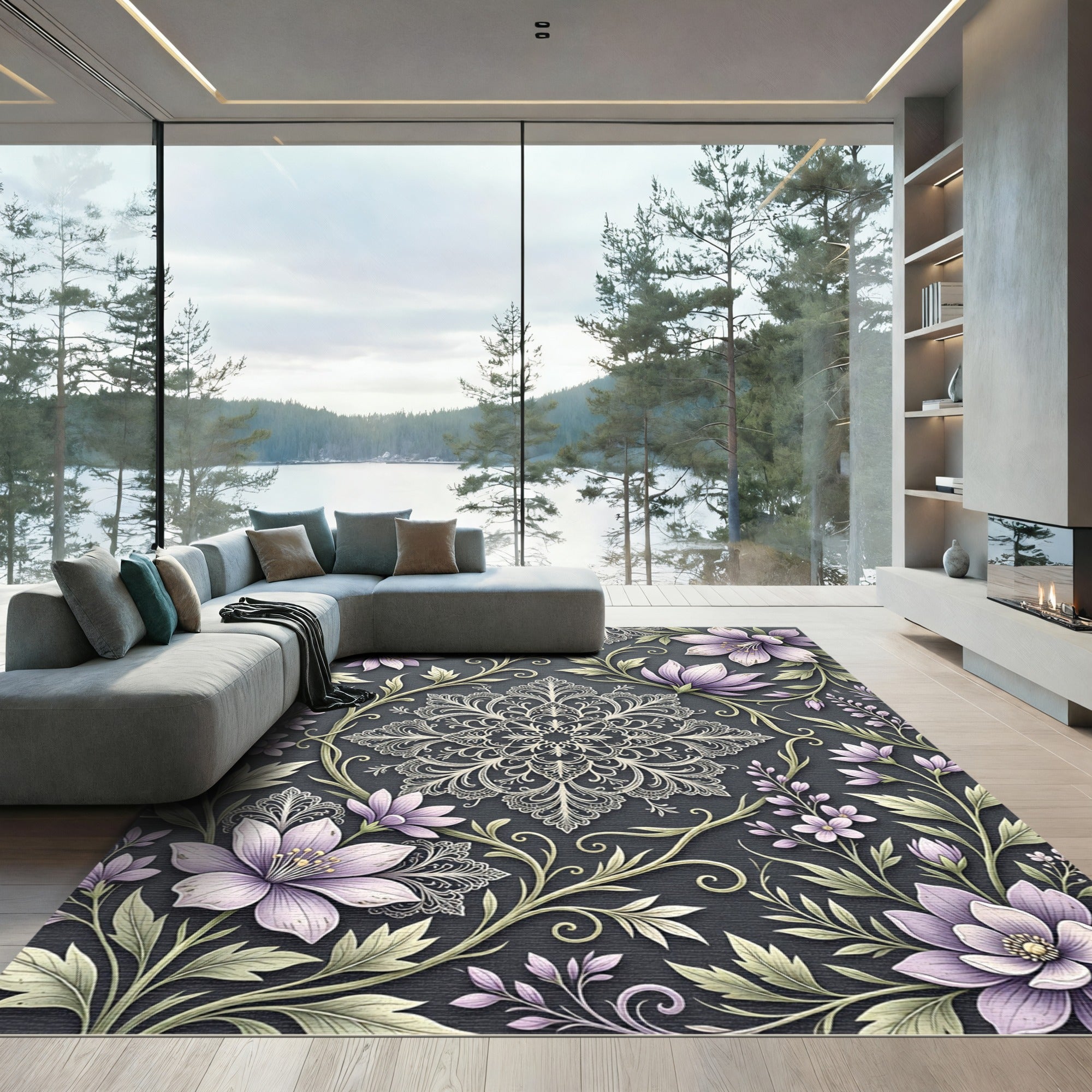 Elegant Lavender Floral Lace Medallion Rug