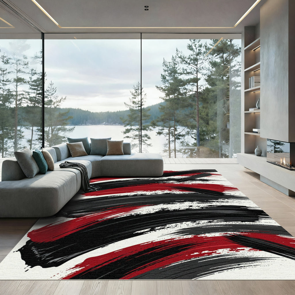 Bold Red Black Brush Stroke Rug