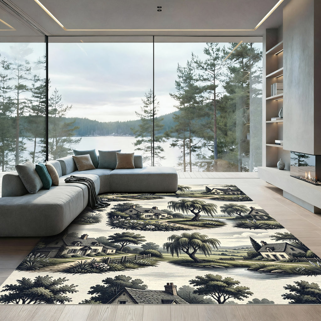 Idyllic English Countryside Village Scene Rug