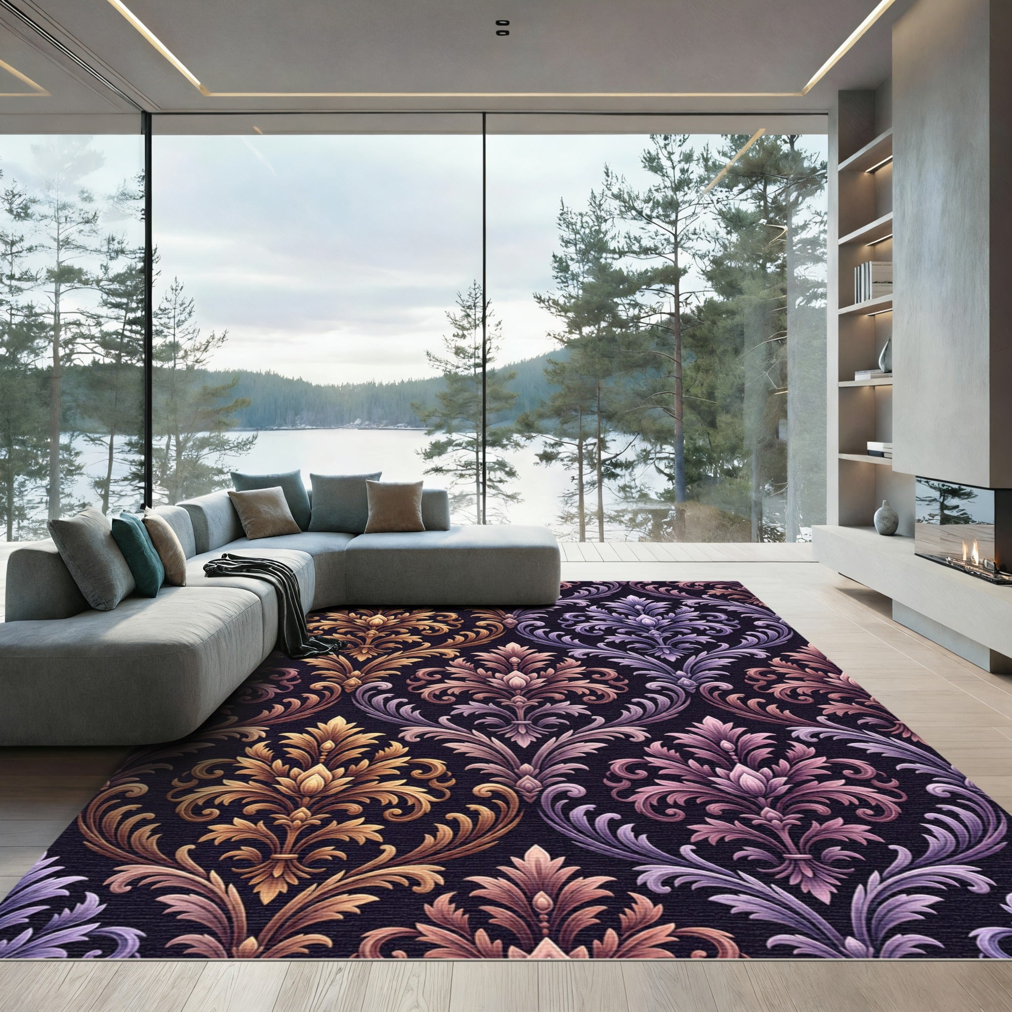 Ornate Gold Purple Floral Damask Rug