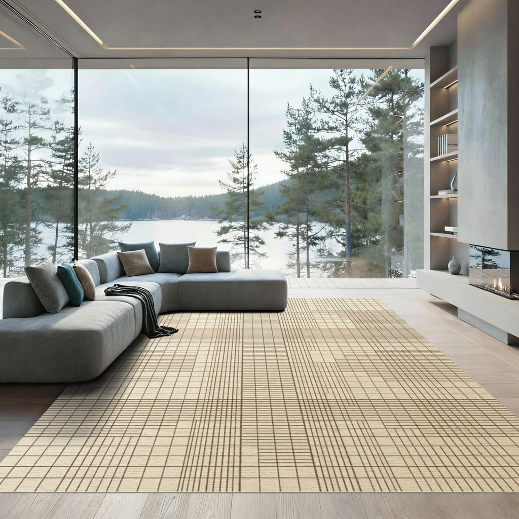 Minimalist Cream Grid Geometric Rug