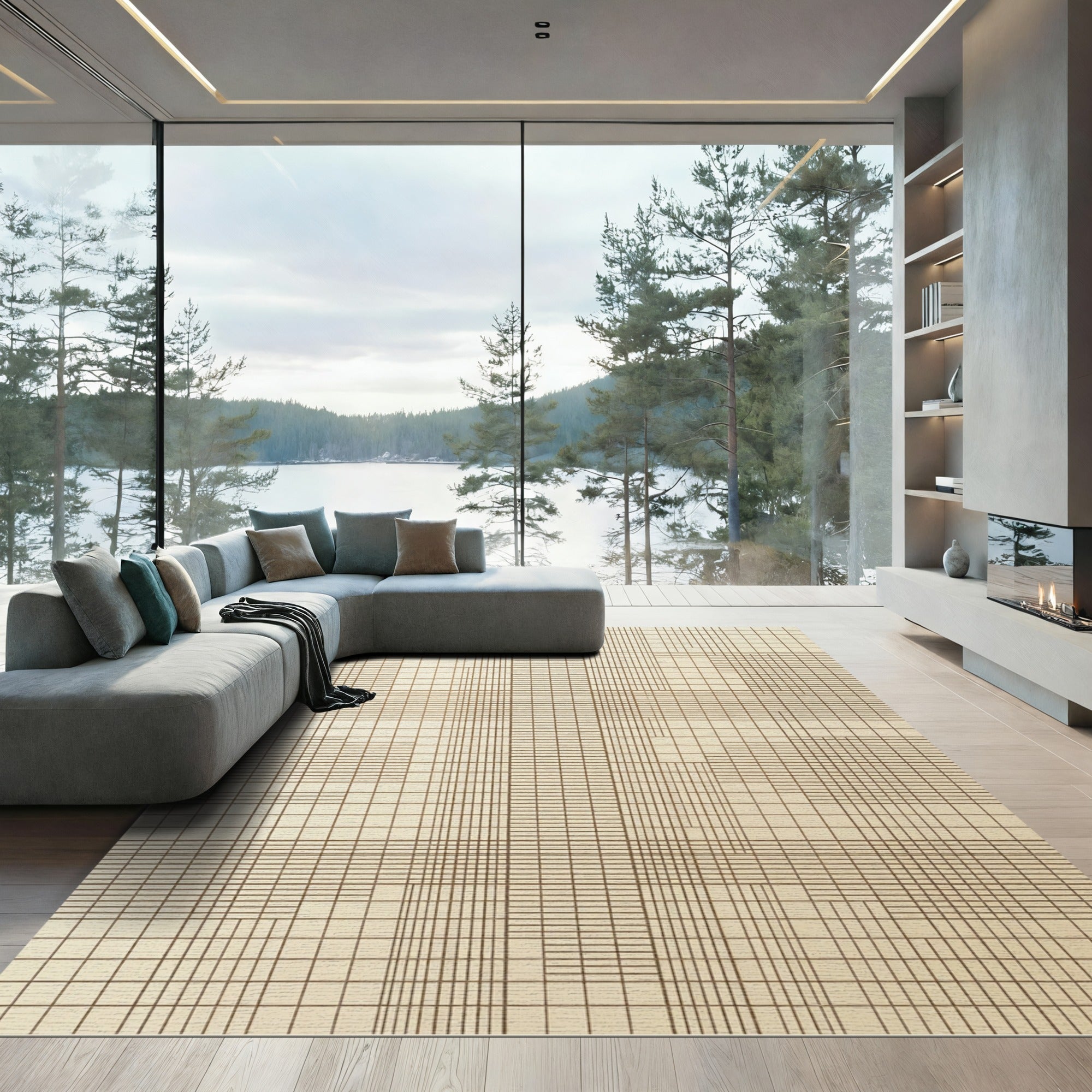 Minimalist Cream Grid Geometric Rug
