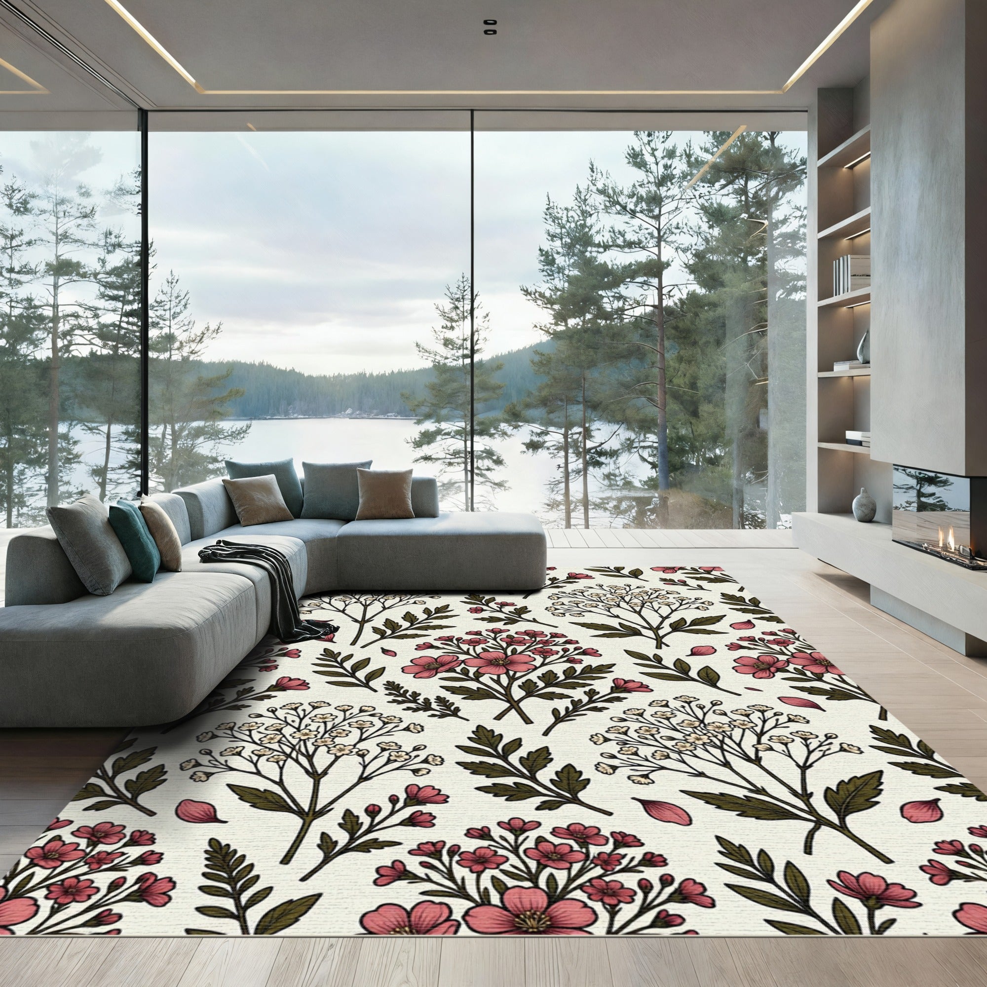 Vintage Pink Floral Botanical Meadow Rug