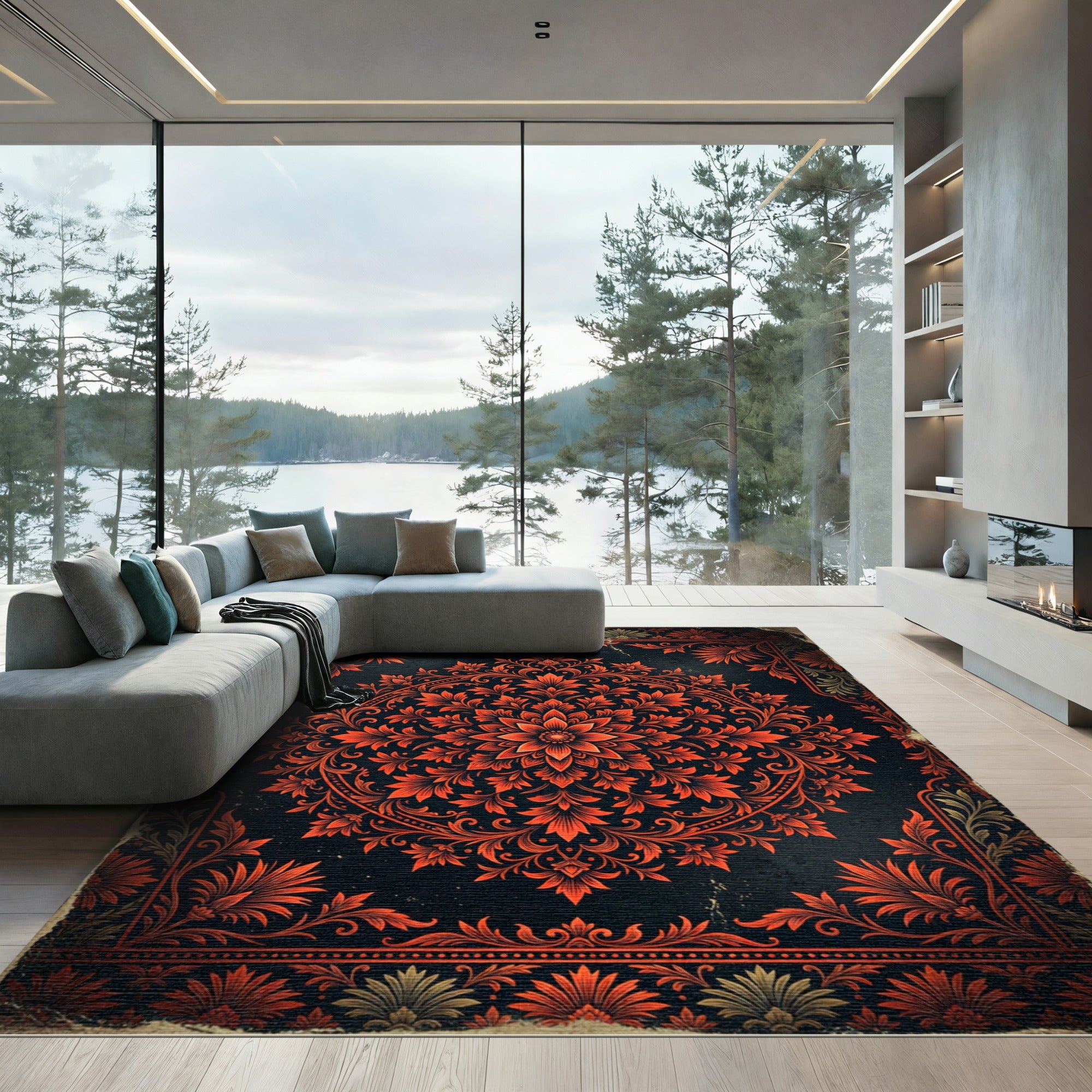 Dramatic Crimson Floral Medallion Charcoal Backdrop Rug