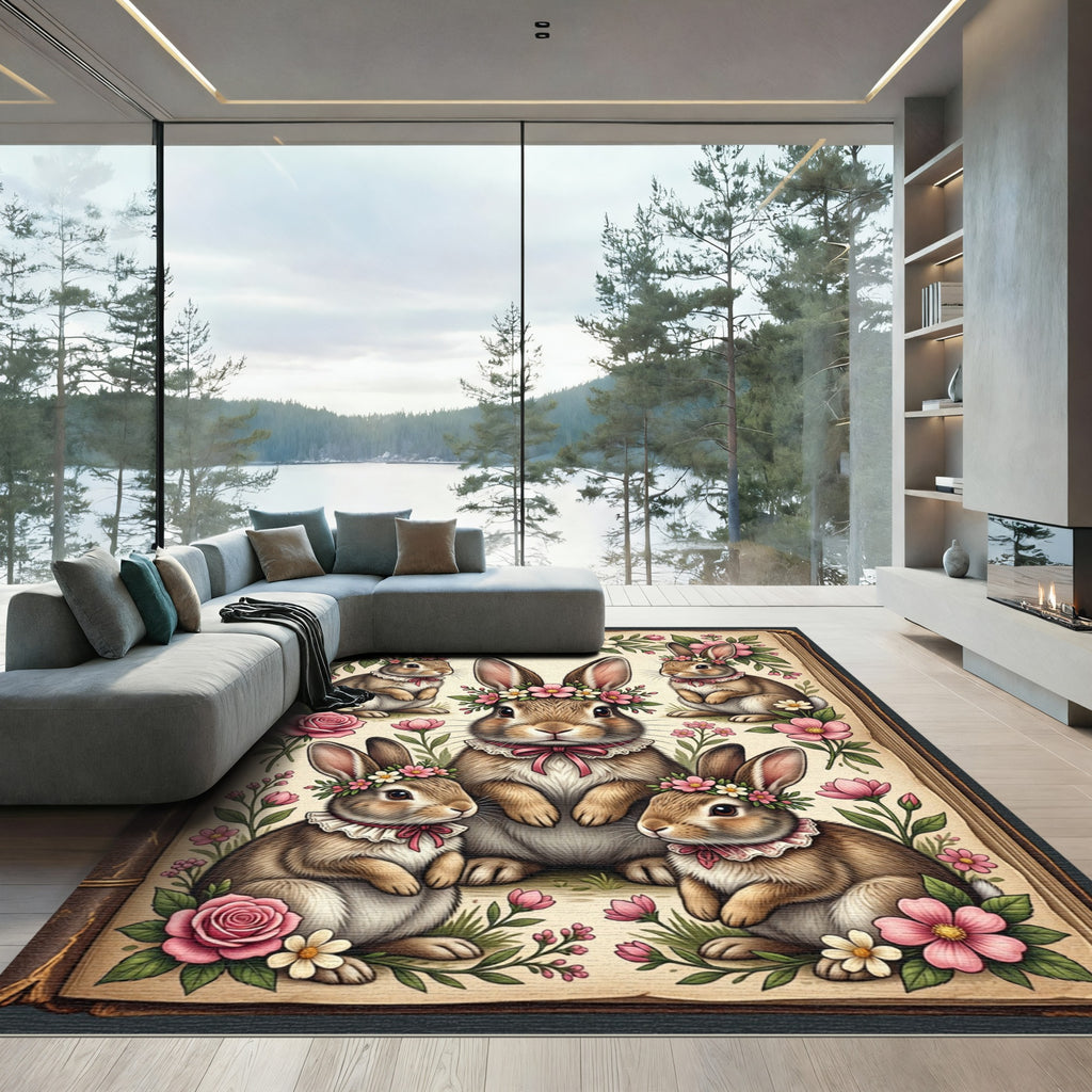 Enchanted Floral Bunny Garden Illustration Rug