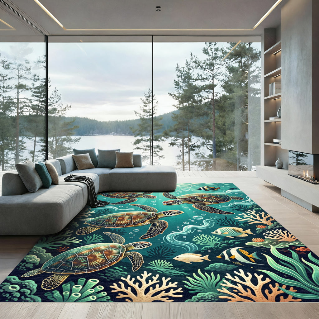 Vibrant Sea Turtle Coral Reef Depths Rug