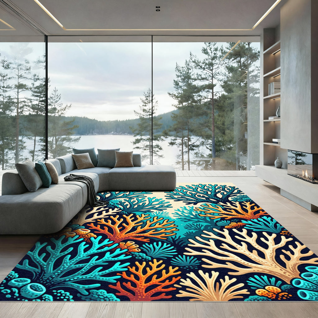 Vibrant Blue and Coral Reef Landscape Rug