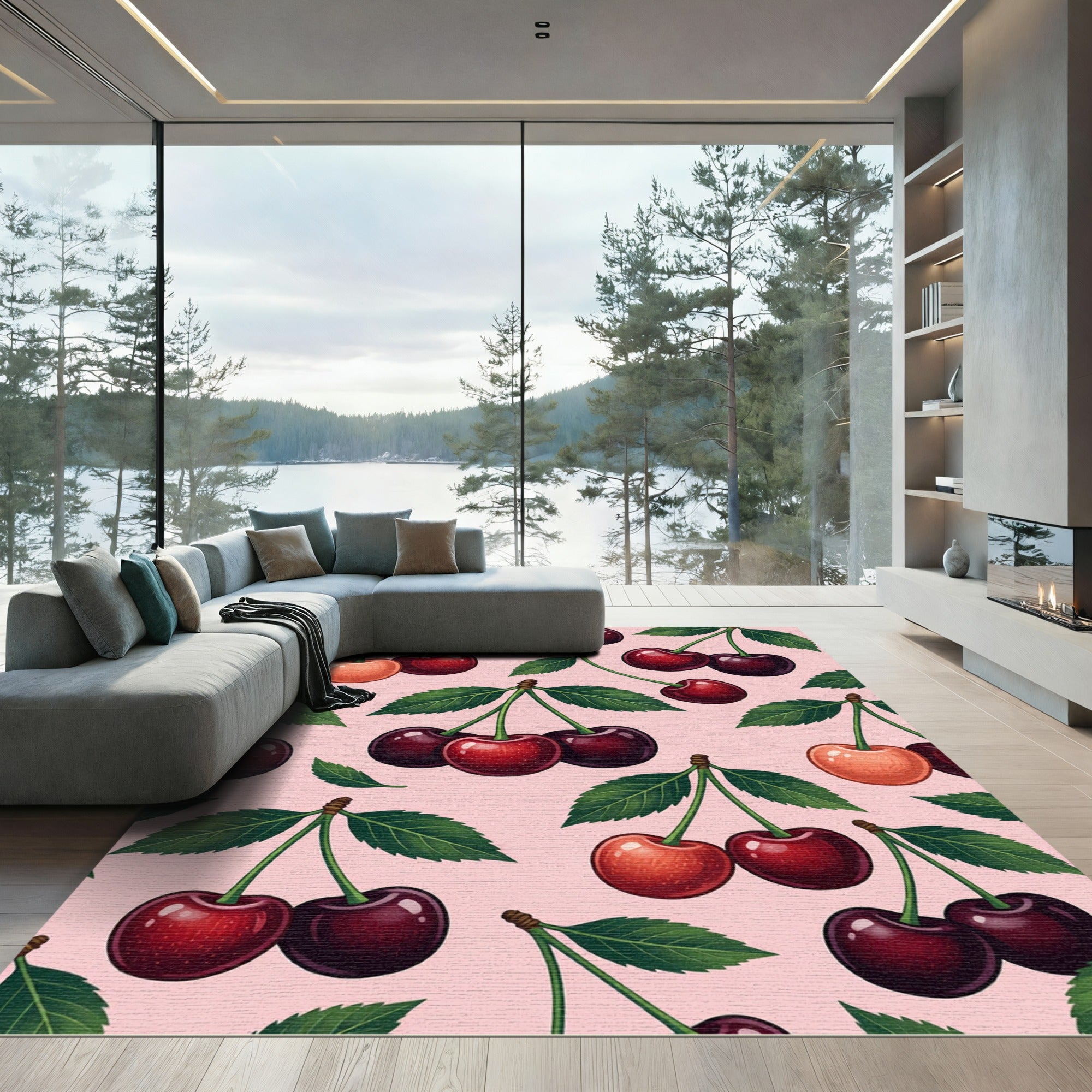 Red Cherry Pattern On Pink Background Rug