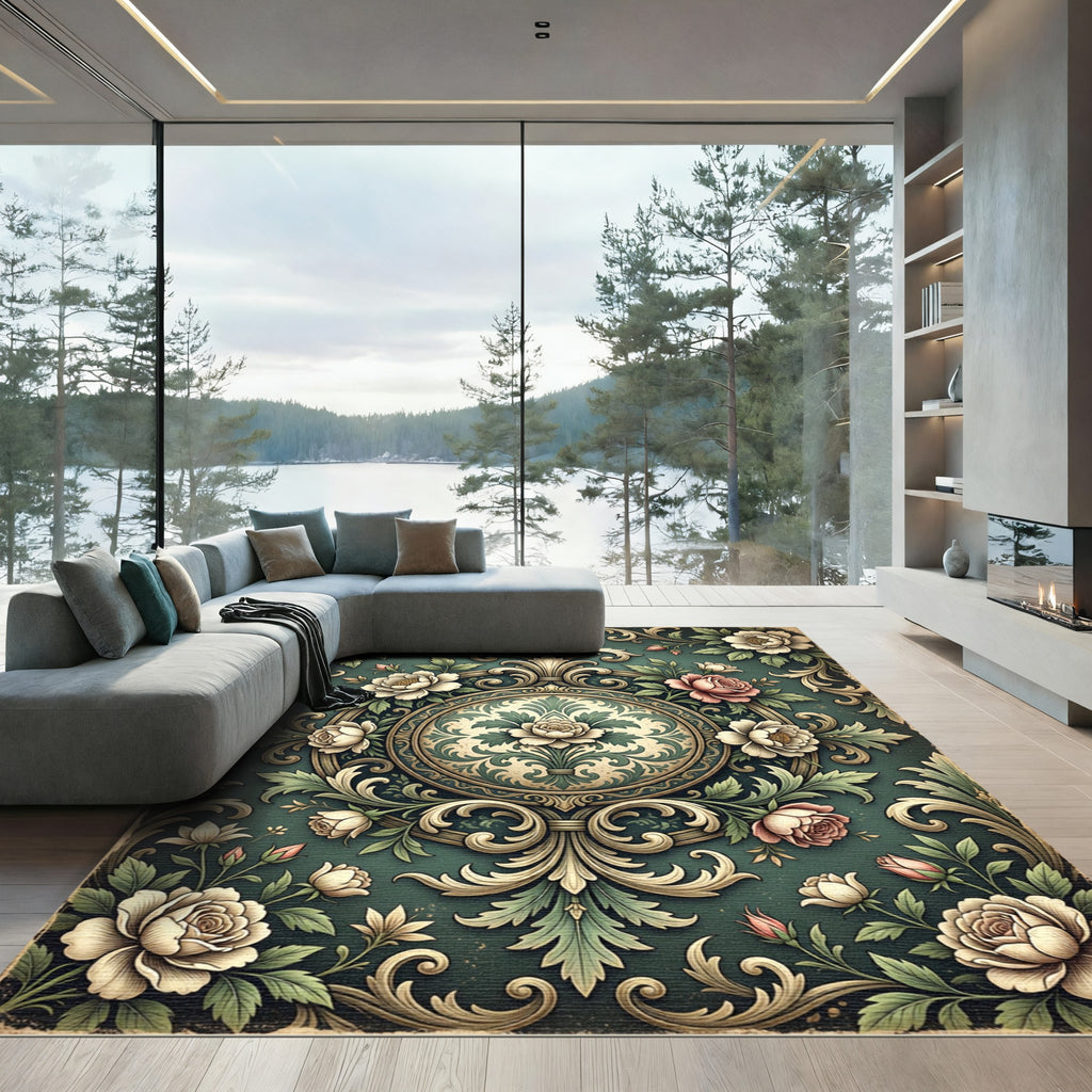 Vintage Sage Floral Medallion Scrollwork Rug