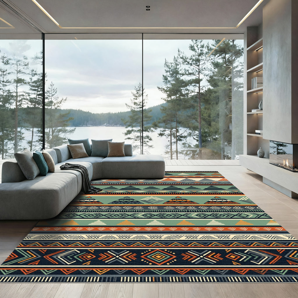 Tribal Geometric Arrows Ochre Green Rug