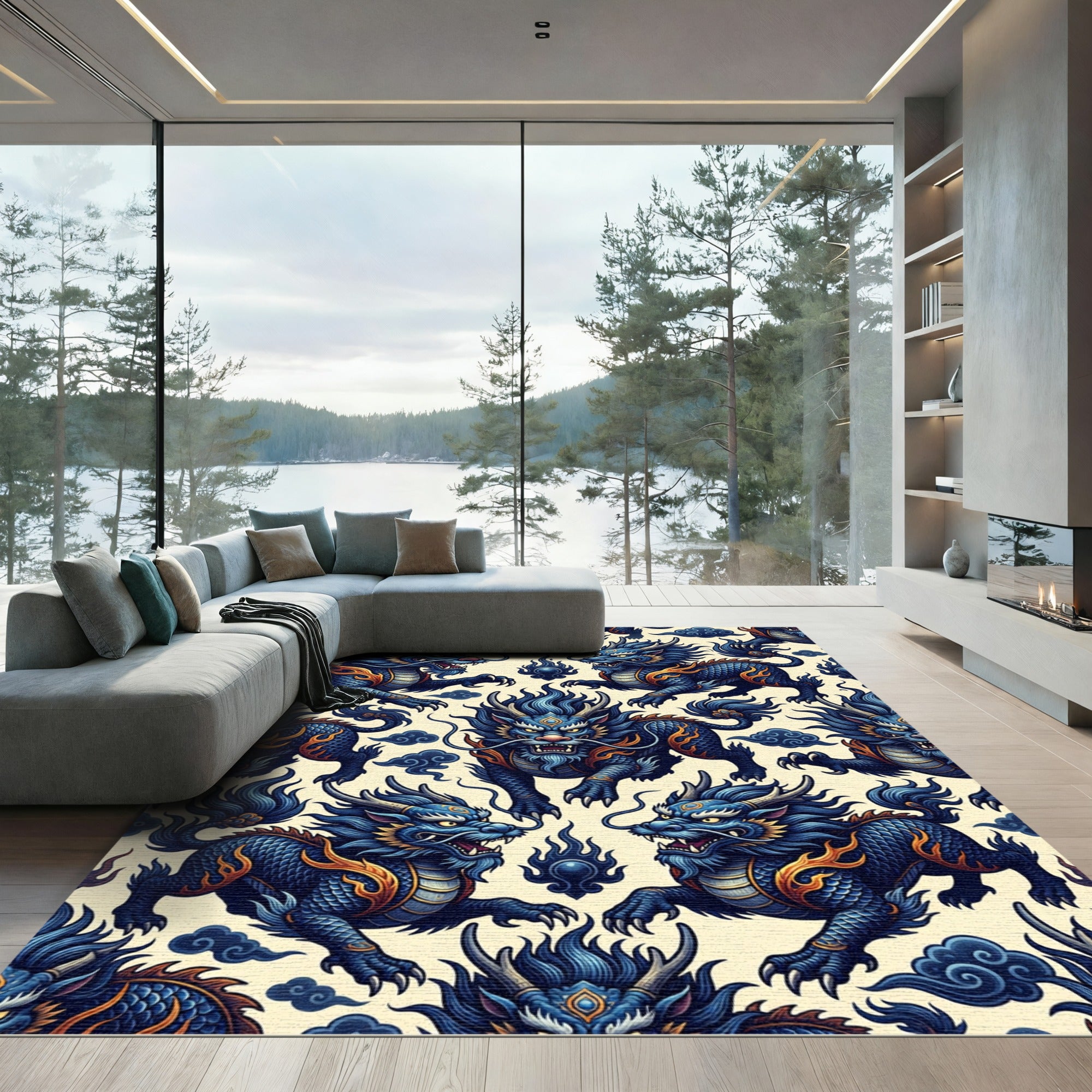 Celestial Blue Dragon Mythical Creature Rug