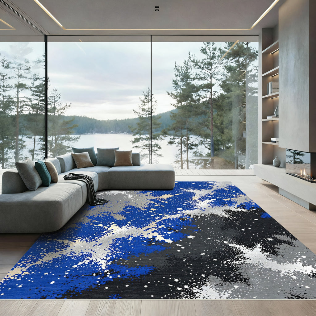 Celestial Blue and Silver Abstract Galaxy Rug