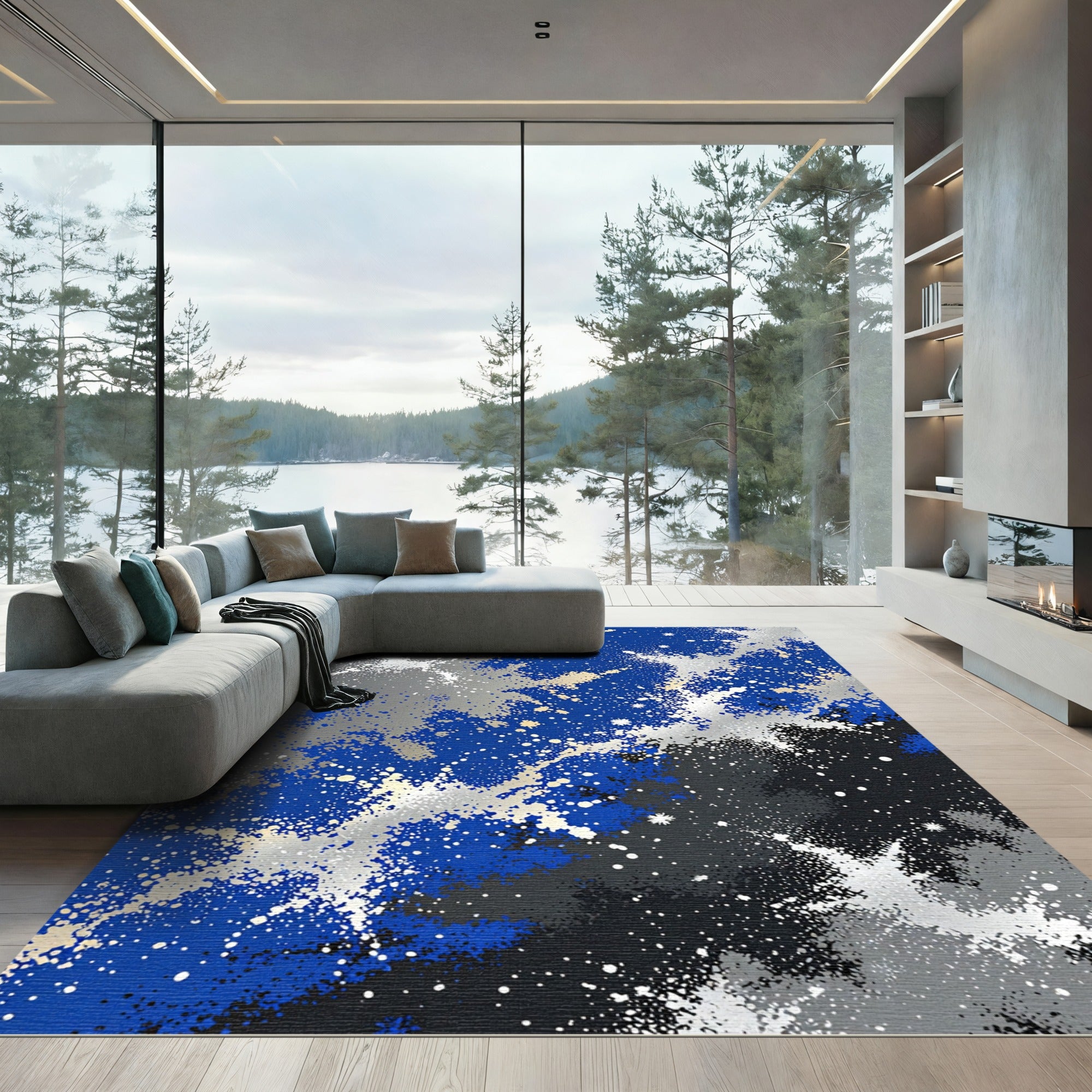 Celestial Blue and Silver Abstract Galaxy Rug