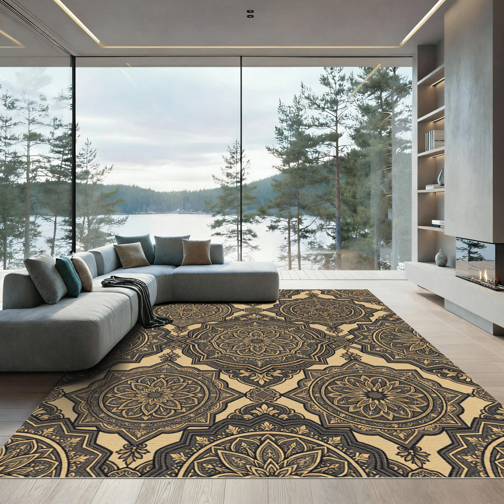 Elegant Gold and Charcoal Floral Medallion Rug