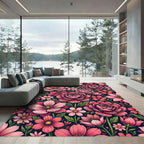 Dark Navy Pink Floral Botanical Garden Rug