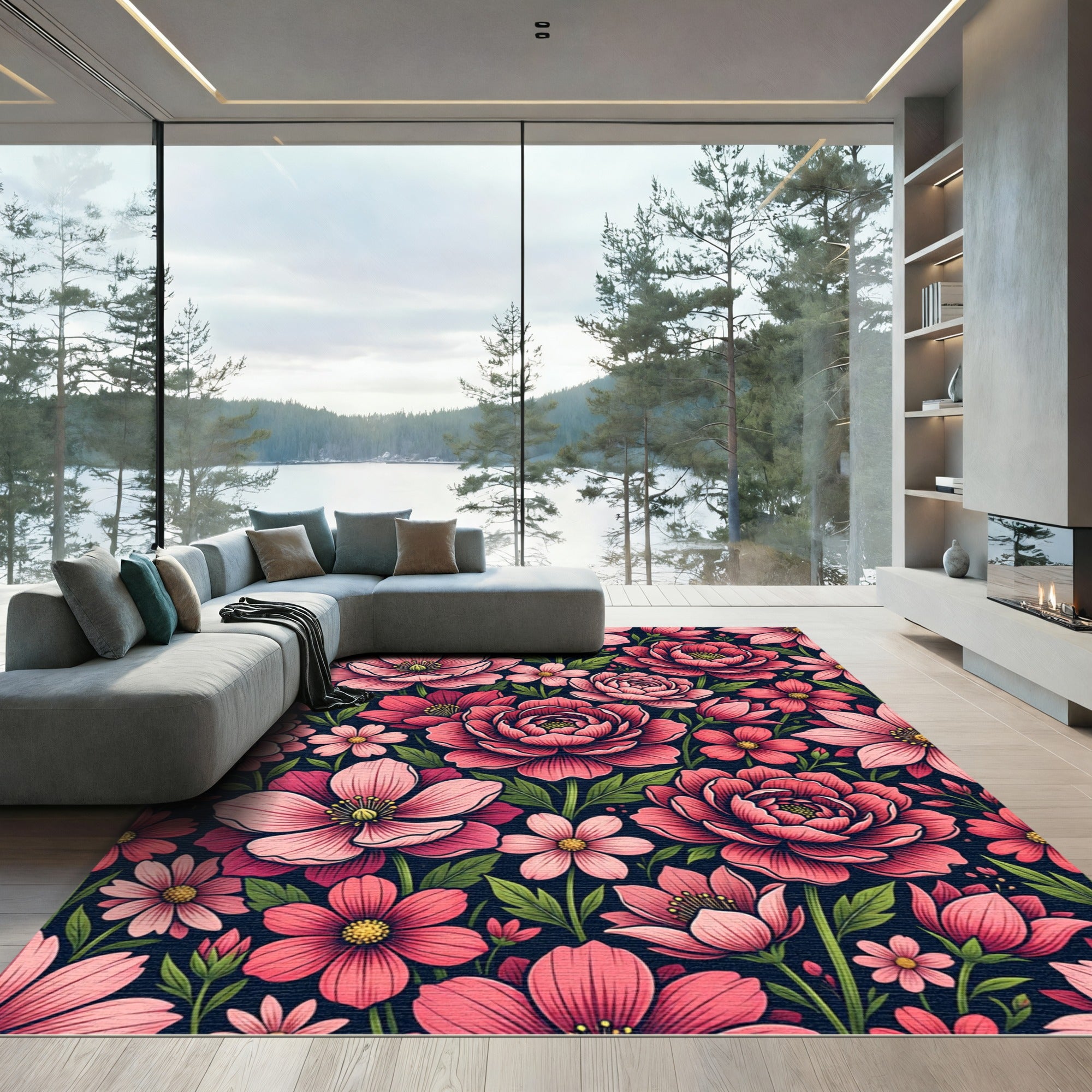 Dark Navy Pink Floral Botanical Garden Rug