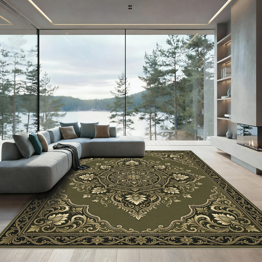 Elegant Olive Gold Ornate Floral Medallion Rug