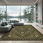 Elegant Olive Gold Ornate Floral Medallion Rug