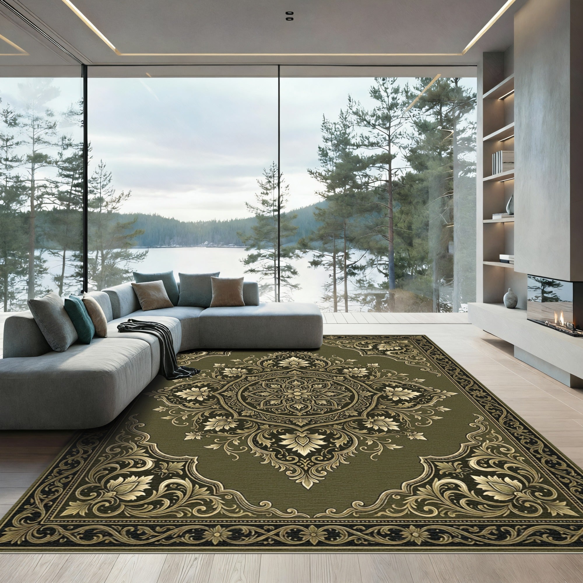 Elegant Olive Gold Ornate Floral Medallion Rug