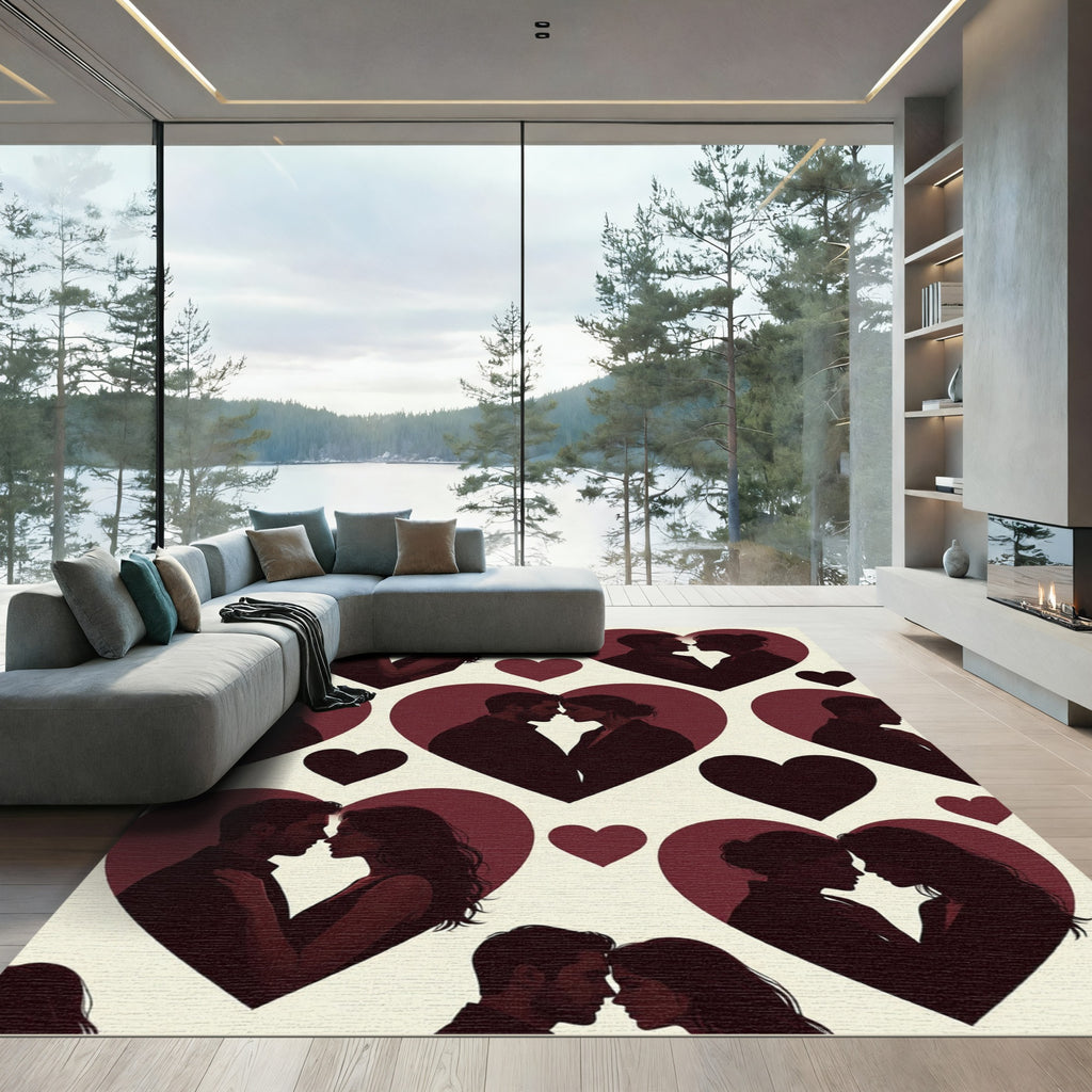 Romantic Silhouette Hearts Burgundy Cream Rug